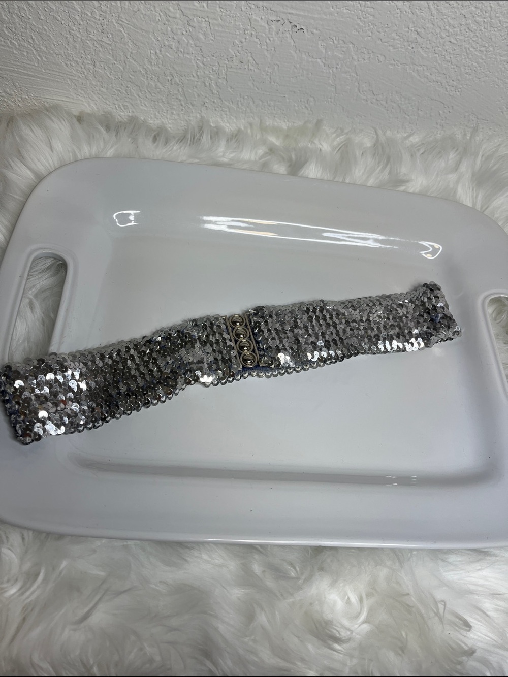 Silver Sequin Stretch Belt with Decorative Snap